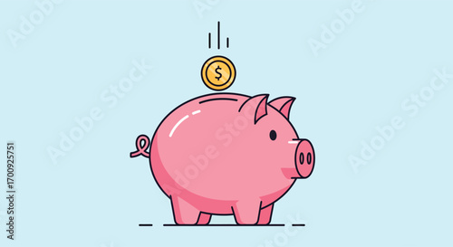 Pink piggy bank saving a gold dollar coin cartoon illustration.