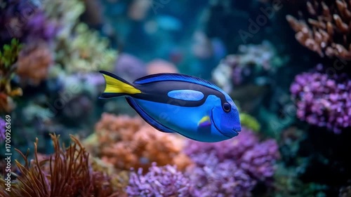 Vibrant blue fish swims amidst a colorful coral reef.