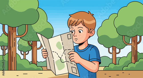 Young boy carefully studying a paper map outdoors.