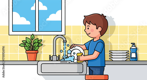 Young boy diligently washing a plate in the kitchen sink.