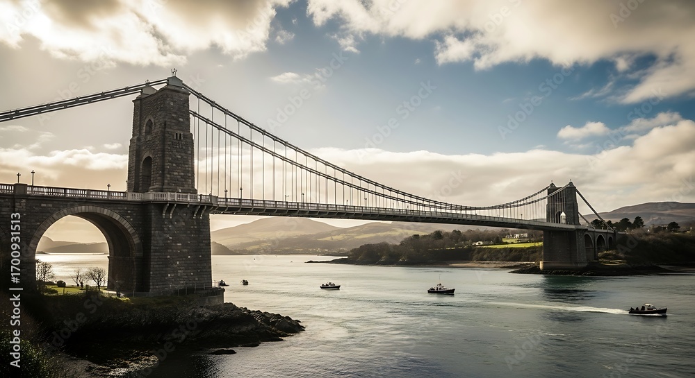 Obraz premium Majestic Menai Suspension Bridge spanning the Menai Strait in North Wales UK