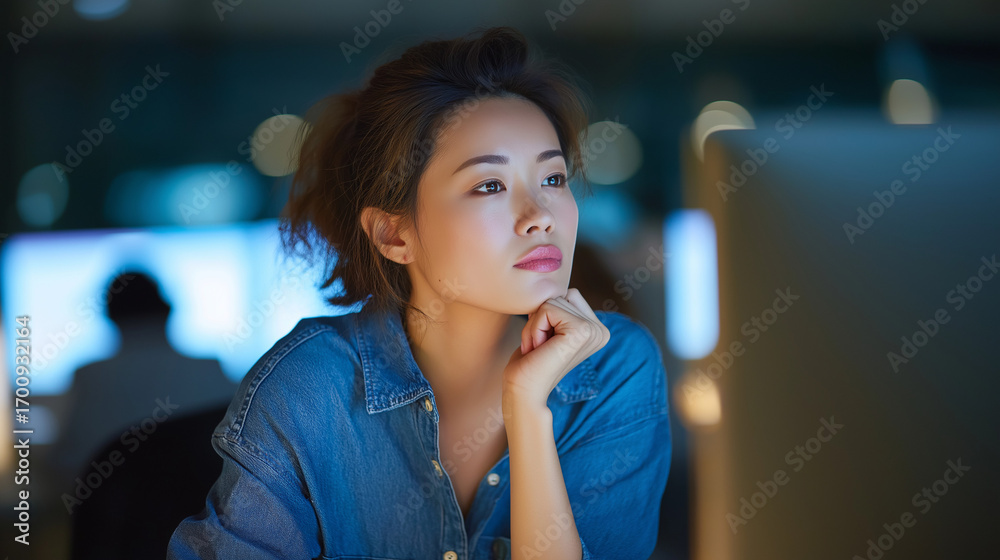 Obraz premium Young Asian female manager concentrating on screen, startup office background, business casual