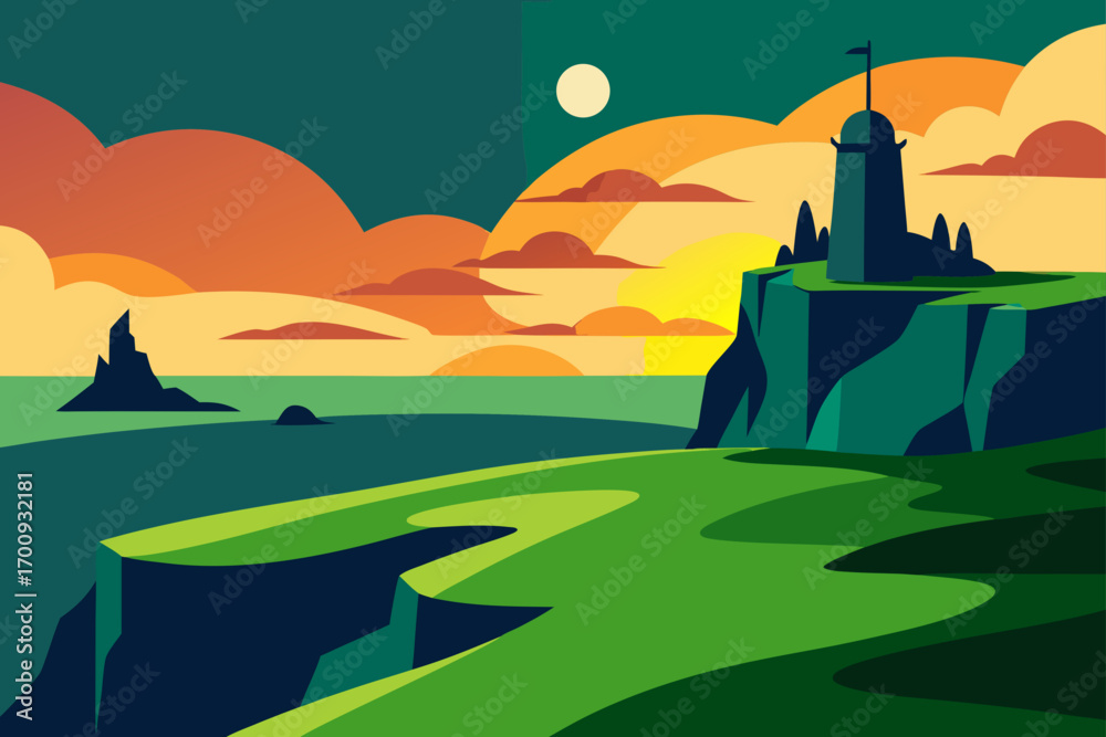 Naklejka premium Castle architecture silhouette at sunset with an orange sky, clouds, and nature landscape