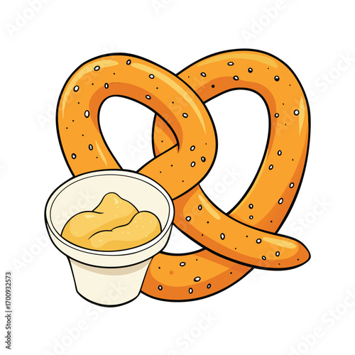 Delicious cheese stuffed pretzel with dipping sauce illustration