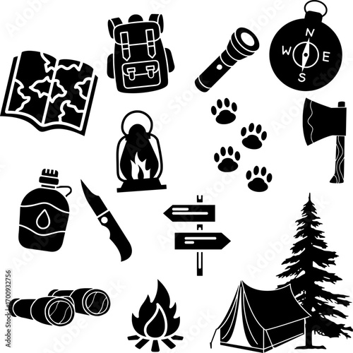 Camping and Hiking Outdoor Adventure Icons Set