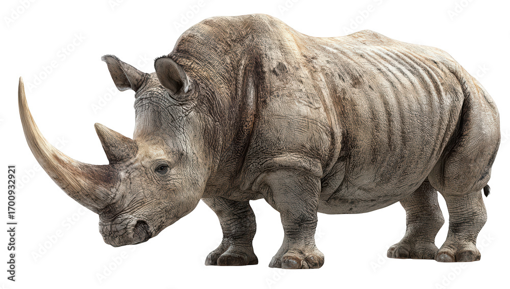 Fototapeta premium Massive white rhino standing, side view, isolated on a clean background