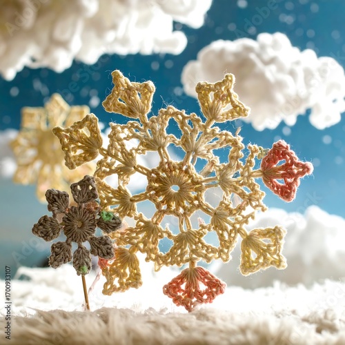 Crocheted snowflakes in winter scene