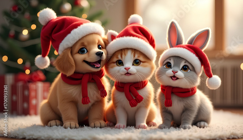 Cute dog and cat wearing Santa hats for Christmas
