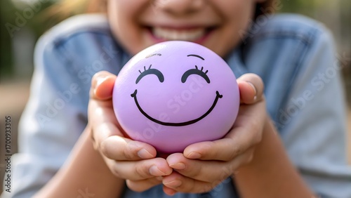 Happy Smiley Face Stress Ball in Child Hands with Big Smile