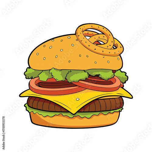 Delicious cheeseburger with crispy onion rings and melted cheddar cheese