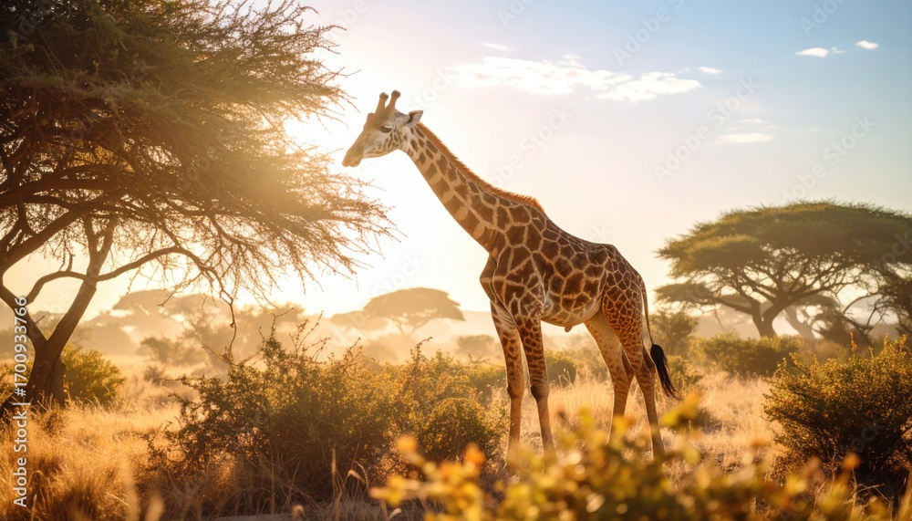 Obraz premium Giraffe in African savanna at sunrise Wildlife Landscape.