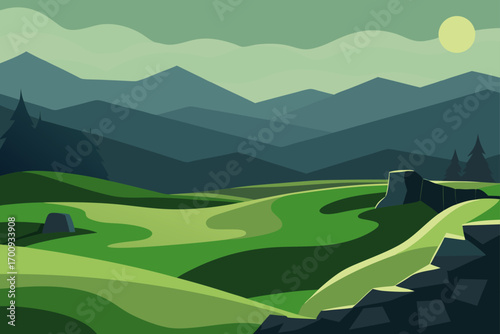 Summer nature landscape with blue sky, clouds, green grass, and distant mountains and hills