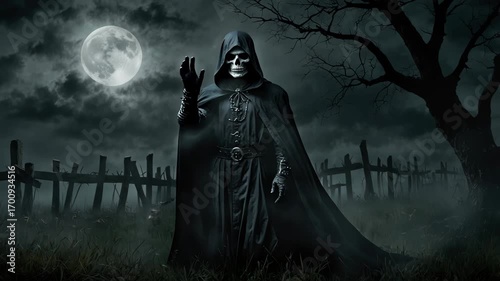 Death itself, personified as a grim reaper, walks through a spooky field on halloween night, under the eerie glow of a full moon, creating a chilling and haunting scene
