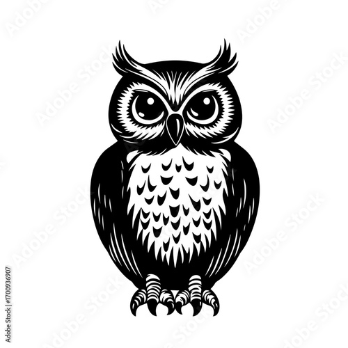 Cute cartoon owl silhouette perched with wide alert eyes, nocturnal forest bird vector illustration icon