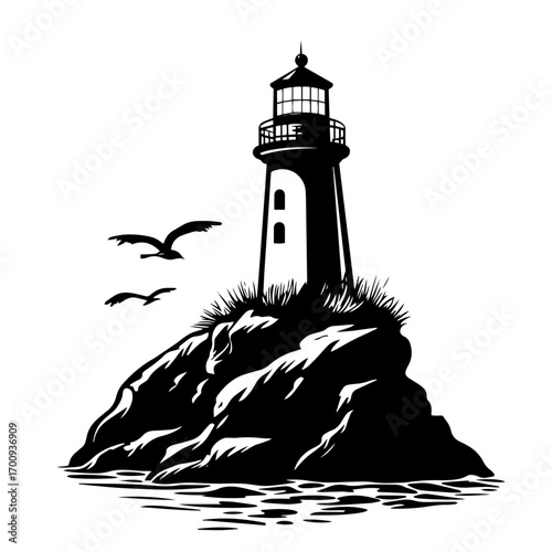 Tall lighthouse on rocky island silhouette guiding seabirds, coastal navigation beacon vector illustration icon