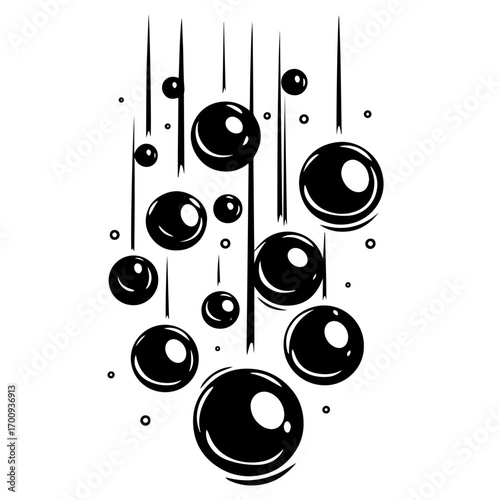 Vertical stream of rising bubbles silhouette with dynamic motion lines, playful water effervescence vector icon