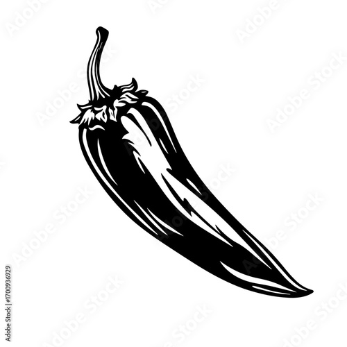 Chili pepper silhouette with curved stem, spicy hot vegetable vector illustration icon