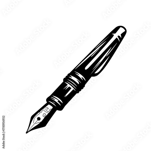 Elegant fountain pen silhouette with pointed nib, classic writing instrument vector illustration icon