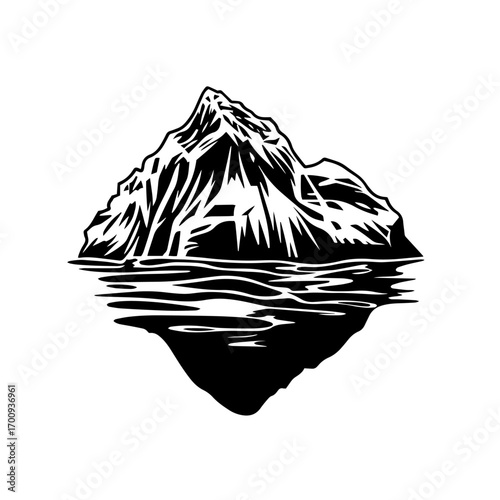 Floating iceberg silhouette with jagged peak and mirrored reflection on calm Arctic water vector illustration icon