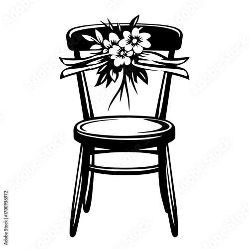 Vintage wooden chair silhouette adorned with floral bouquet and ribbon bow, romantic rustic décor vector icon