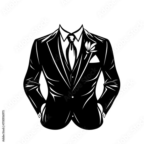 Elegant groom tuxedo suit silhouette with boutonnière, formal wedding menswear vector illustration icon