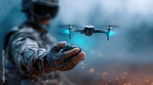 Soldier operating futuristic drone with digital interface in action scene