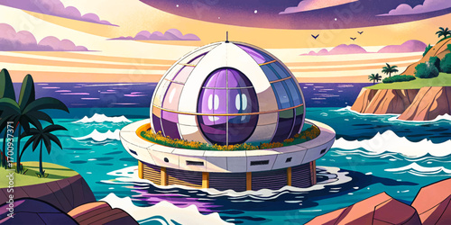 Sphere shaped villa floating on ocean waves, futuristic round design merging innovation and surreal architecture