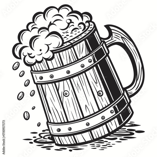 A hand-drawn vector illustration of a beer mug filled with a dark beverage sits isolated on a white background