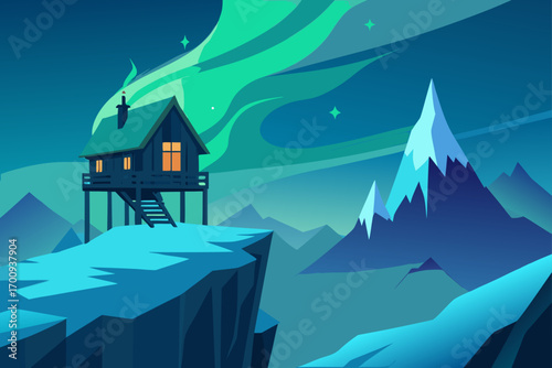 A snowy winter night landscape with a cartoon cottage on a hill surrounded by trees