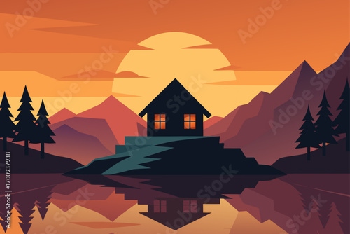 Vector illustration of a tranquil mountain landscape at sunset with vibrant orange and purple hues in the sky