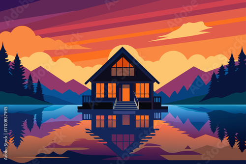 An enchanting evening sky with vibrant clouds reflecting on a calm lake, surrounded by majestic mountains and tall trees