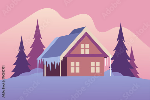 A charming winter village scene with cozy houses, snow-covered trees, and festive Christmas decorations under a starry night sky