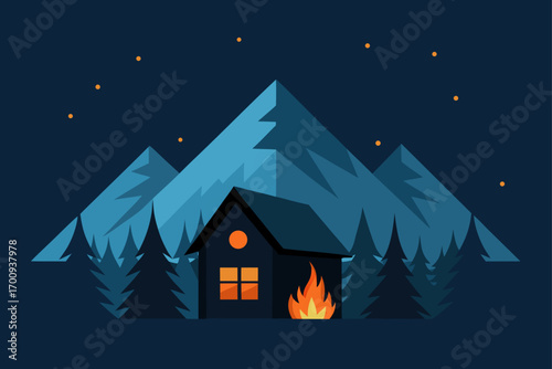 Haunted house in a dark winter landscape with a full moon and stars in the sky