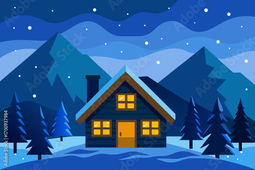 A festive winter night scene of a cozy cottage nestled in a snowy mountain landscape, decorated for the Christmas holiday with a pine tree under a starry blue sky