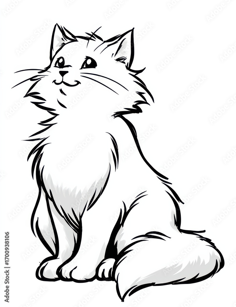 Fototapeta premium Smiling Cat Outline: A friendly illustration of a fluffy cat smiling, exuding charm and playfulness. This charming portrait captures the gentle essence of a feline friend.