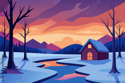 A serene winter landscape with a cozy wooden cottage nestled among snow-covered trees, the sky aglow with a mountain sunset
