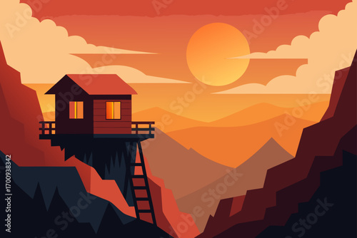 Vector illustration of a house on a hill with a beautiful sunset landscape view of the orange sky and clouds over the mountains