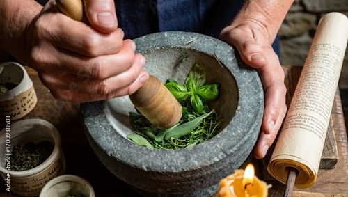 Close-up of herbalist's hands grinding fresh herbs like basil and sage in a stone mortar and pestle with an ancient scroll by candlelight.

