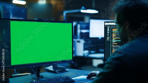 Person working at computer with green screen in dark office space.
