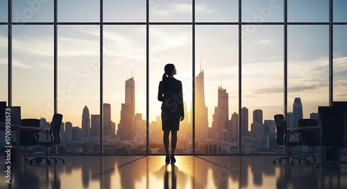 Visionary businesswoman contemplating urban expanse from a modern office space at sunset