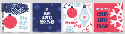 A set of festive Christmas cards with colorful ornaments, snowflakes and hand-drawn pictures. Childrens Chalk Drawing .Vector illustration 