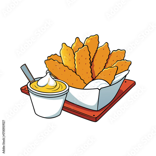Crispy fish and chips with tartar dip illustration