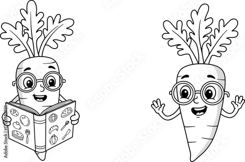 Adobe Illustrator Artwork Two cartoon carrots one reading a cookbook and the other waving in black and white drawing style