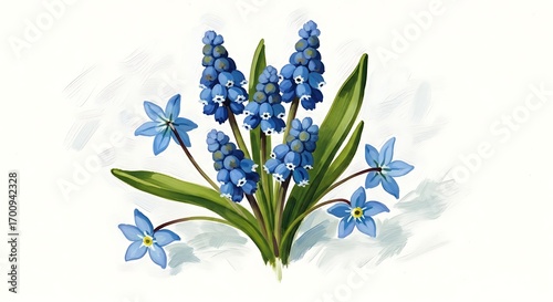 Watercolor illustration of grape hyacinths and scilla flowers on white background showcasing