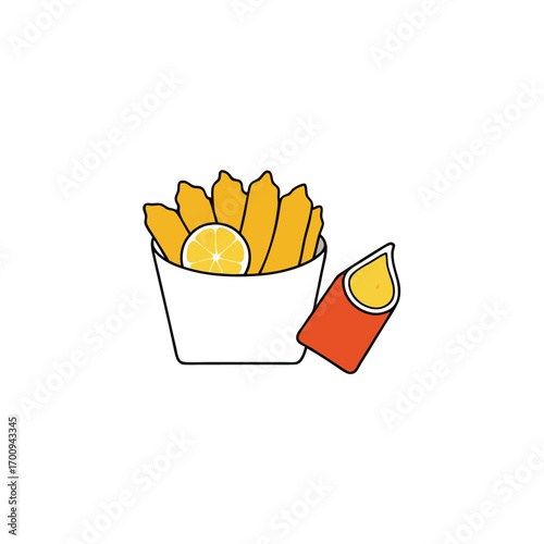 Delicious fish and chips with tartar sauce and lemon wedges illustration