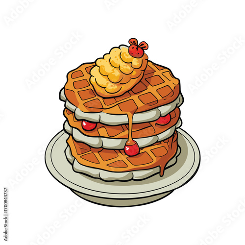 Fluffy waffles stack with fried chicken and syrup illustration