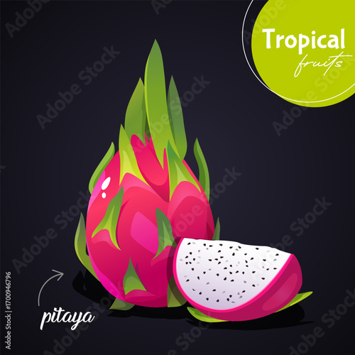 Vector cartoon illustration of pitaya (pitahaya) tropical fruit with lettering isolated on gradient black background. Exotic design for food art, healthy eating, poster.