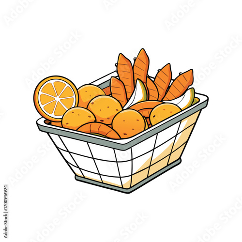 Fried shrimp basket with lemon and dip illustration