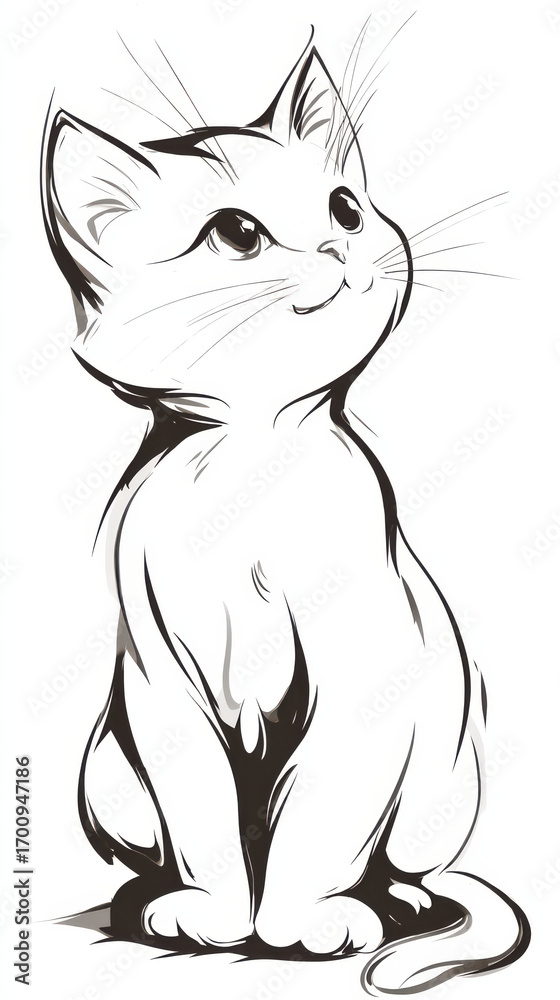 Obraz premium Whimsical Cat Coloring page: A delightful cat in charming sketch-style, gazing upwards with a look of sweet curiosity. Evokes a sense of wonder and innocent playfulness.