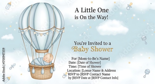 Whimsical baby shower invitation featuring a sleeping baby in a hot air balloon design